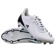 A pair of adidas RS15 Elite SG rugby boots in White/White/Core Black are shown on a plain white background, with one upright and one displaying the metal-studded sole.