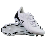 A pair of adidas RS15 Elite SG rugby boots in White/White/Core Black are shown on a plain white background, with one upright and one displaying the metal-studded sole.