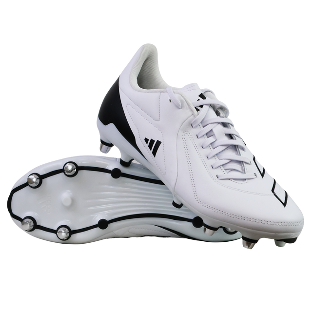A pair of adidas RS15 Elite SG rugby boots in White/White/Core Black are shown on a plain white background, with one upright and one displaying the metal-studded sole.