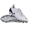 A pair of adidas RS15 Elite SG rugby boots in White/White/Core Black are shown on a plain white background, with one upright and one displaying the metal-studded sole.