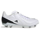 The adidas RS15 Elite SG rugby boot in White/White/Core Black features metal studs and is shown from the side against a plain background.