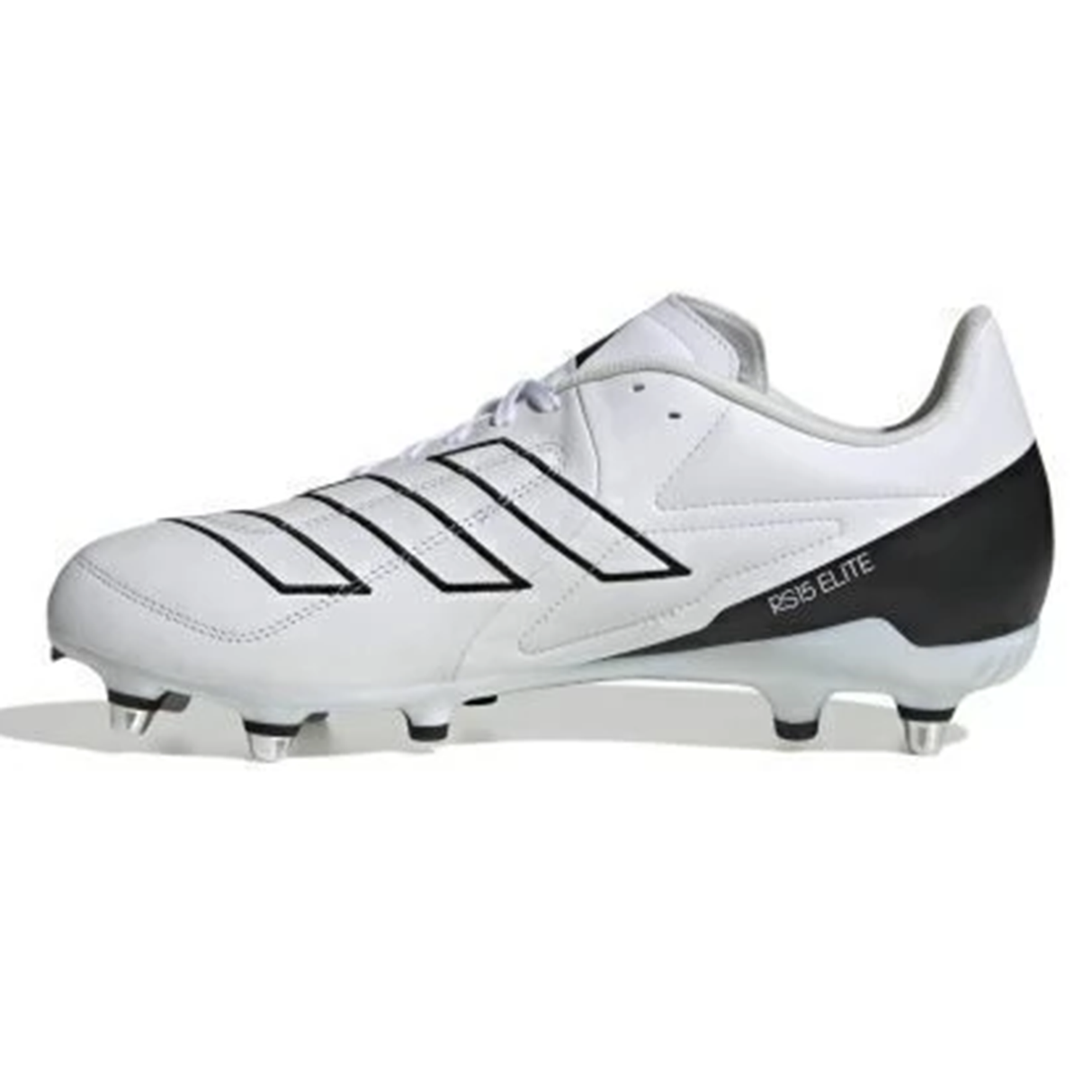 The adidas RS15 Elite SG rugby boot in White/White/Core Black features metal studs and "RS15 ELITE" text on the side, shown from the left.