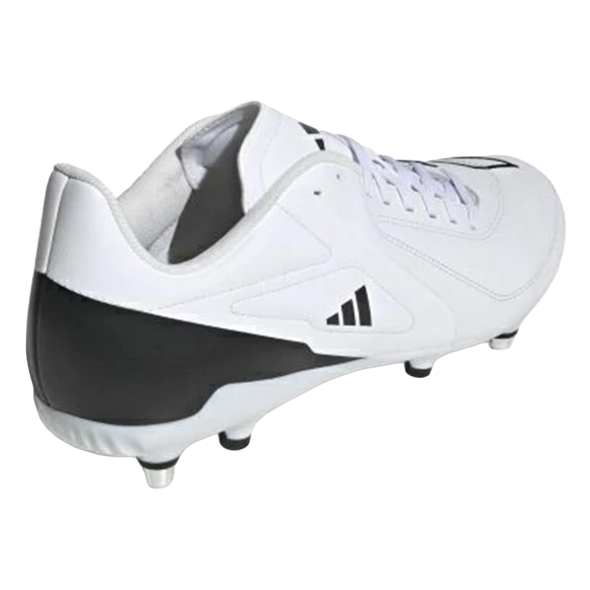 The adidas RS15 Elite SG in White/White/Core Black features laces, molded studs, and a side logo—perfect for those who want lightweight rugby boots engineered for elite performance.