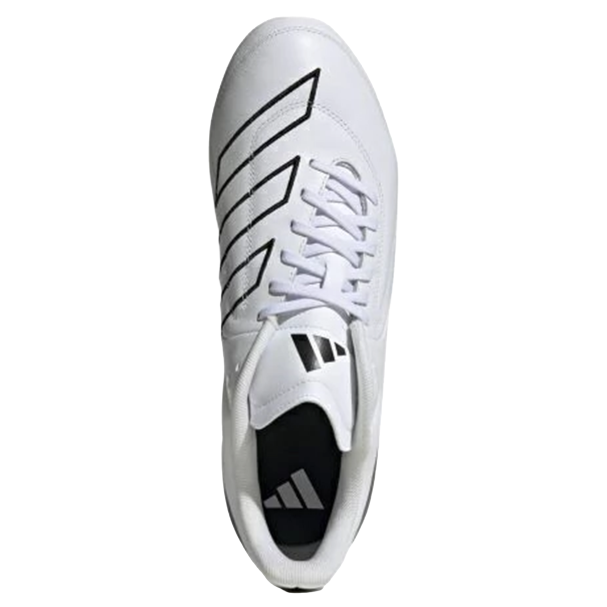 The adidas RS15 Elite SG in White/White/Core Black features signature black stripes and a logo on the tongue, shown from above against a plain background. Ideal for soft ground play.