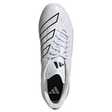 The adidas RS15 Elite SG in White/White/Core Black features signature black stripes and a logo on the tongue, shown from above against a plain background. Ideal for soft ground play.