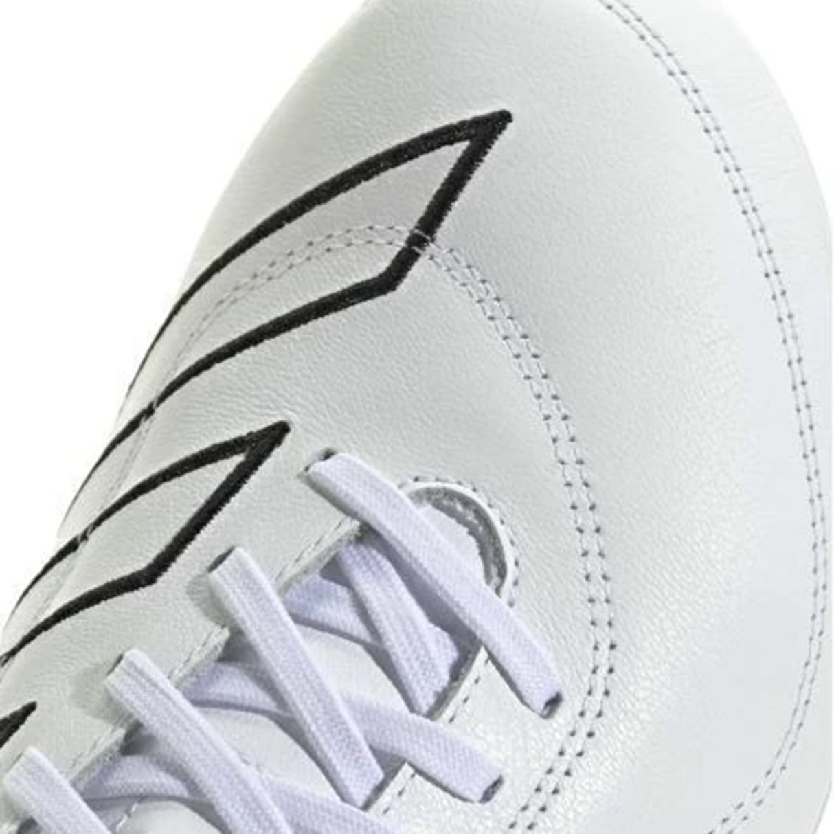 Close-up of the adidas RS15 Elite SG rugby boot in White/White/Core Black, showing black geometric lines and white laces.