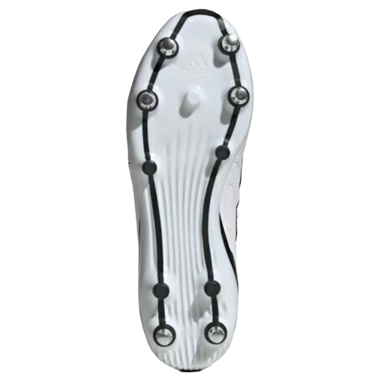 Bottom view of the adidas RS15 Elite SG - White/White/Core Black rugby boot by adidas, showing seven metal studs for soft ground and black detailing on the sole.