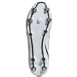 Bottom view of the adidas RS15 Elite SG - White/White/Core Black rugby boot by adidas, showing seven metal studs for soft ground and black detailing on the sole.