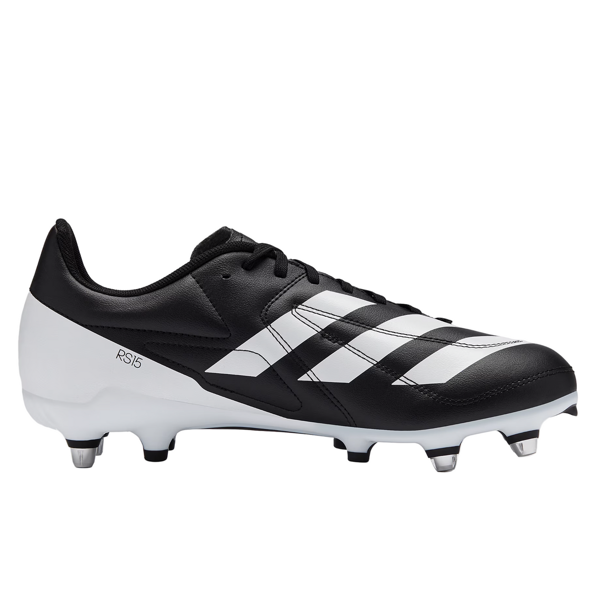 The adidas RS15 SG in black/white/silver features metal studs, signature side stripes, and RS15 branding on the heel—ideal for players seeking a lightweight rugby boot.