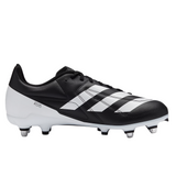 The adidas RS15 SG in black/white/silver features metal studs, signature side stripes, and RS15 branding on the heel—ideal for players seeking a lightweight rugby boot.