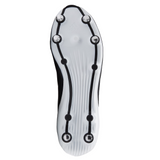 The image shows the sole of the adidas RS15 SG rugby boots in Black/White/Silver, featuring six metal studs arranged around the edge on a white base with black lines connecting them.
