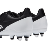 A close-up of the heels and metal studs on the adidas RS15 SG rugby boots in Black/White/Silver, viewed from the back right side.