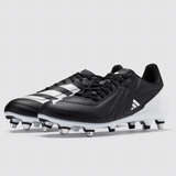 The adidas RS15 SG rugby boots in Black/White/Silver feature a geometric design, metal studs, and the adidas logo on the side, shown against a plain light background.