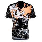 The adidas All Blacks 26/27 Captains Run Replica Jersey features bold comic-style graphics, dynamic action poses, orange lightning accents, and subtle adidas branding—bringing the spirit of the game to life.