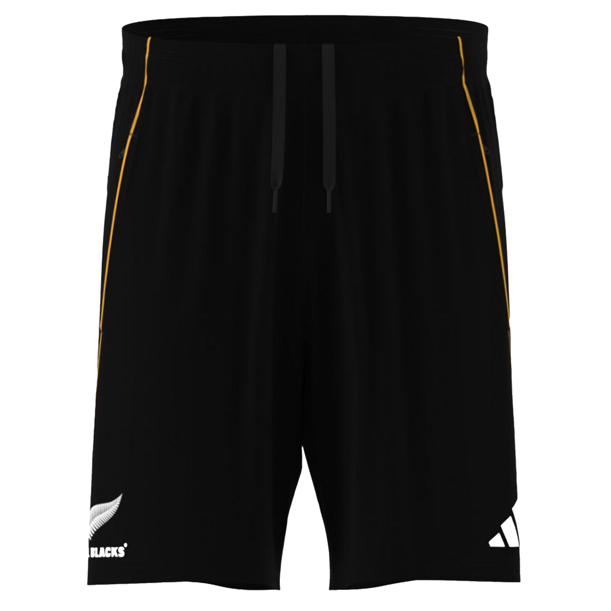 The adidas All Blacks 26/27 Marvel Performance Gym Shorts feature the iconic silver fern and adidas logos, with yellow side accents—ideal shorts for performance training.