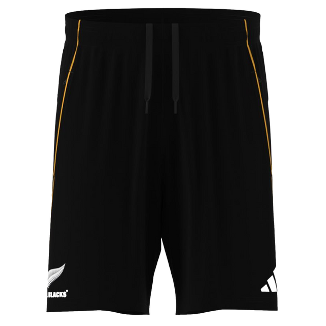 The adidas All Blacks 26/27 Marvel Performance Gym Shorts feature the iconic silver fern and adidas logos, with yellow side accents—ideal shorts for performance training.