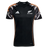 The All Blacks 26/27 Marvel Performance Training Tee by adidas features white logos, orange side accents, and patterned black, white, and orange sleeves—ideal as a rugby performance shirt.