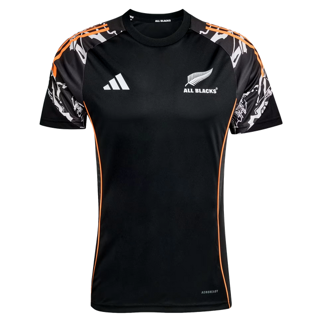 The All Blacks 26/27 Marvel Performance Training Tee by adidas features white logos, orange side accents, and patterned black, white, and orange sleeves—ideal as a rugby performance shirt.