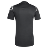The All Blacks 26/27 Marvel Performance Training Tee by adidas is shown from the back, featuring black short sleeves with white geometric patterns on the shoulders and sleeves.