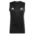The adidas All Blacks 26/27 Marvel Performance Training Singlet features a sleeveless black design with a white adidas logo, silver fern, "All Blacks" chest text, and sleek gold side stripes for standout training style.