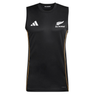 The adidas All Blacks 26/27 Marvel Performance Training Singlet features a sleeveless black design with a white adidas logo, silver fern, "All Blacks" chest text, and sleek gold side stripes for standout training style.