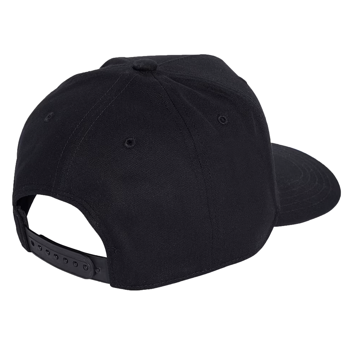 The adidas All Blacks 25/26 Snapback Cap in black is shown from the back, featuring an adjustable snap closure, stitched panels, and a subtle silver fern detail.