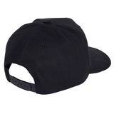 The adidas All Blacks 25/26 Snapback Cap in black is shown from the back, featuring an adjustable snap closure, stitched panels, and a subtle silver fern detail.