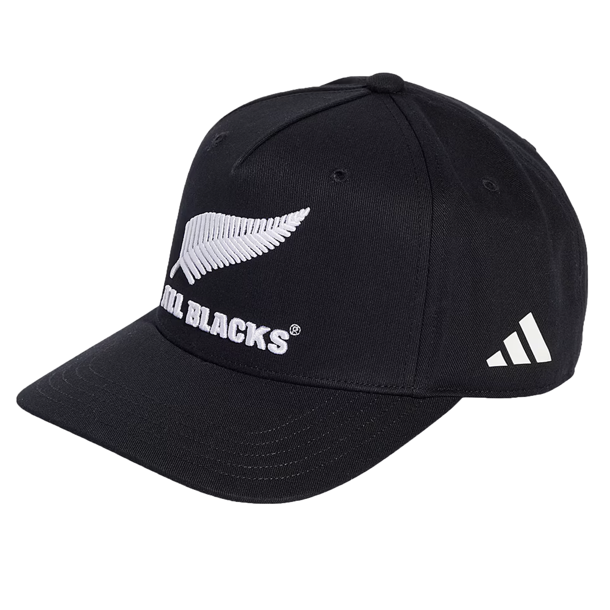 The All Blacks 25/26 Snapback Cap by adidas is a black cap with a bold silver fern, "ALL BLACKS" text on the front, and a white adidas logo on the side.