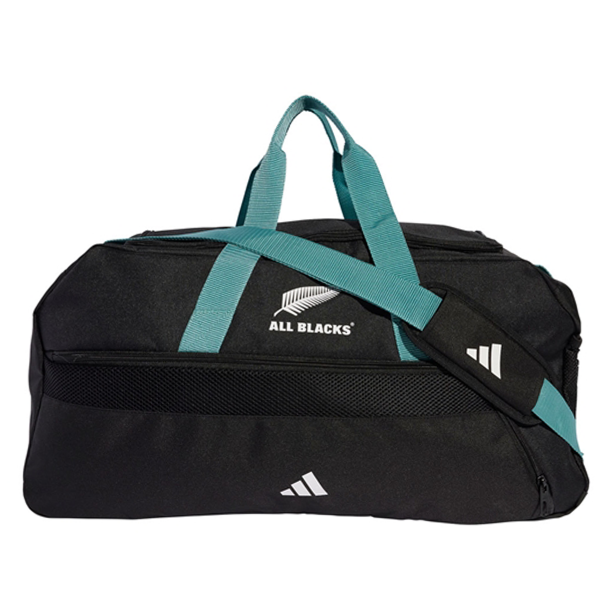 The All Blacks 25/26 Duffle by adidas is a black gym bag with teal handles and strap, featuring All Blacks and adidas logos—ideal for workouts or travel.
