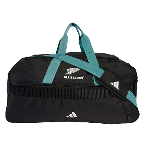 The All Blacks 25/26 Duffle by adidas is a black gym bag with teal handles and strap, featuring All Blacks and adidas logos—ideal for workouts or travel.