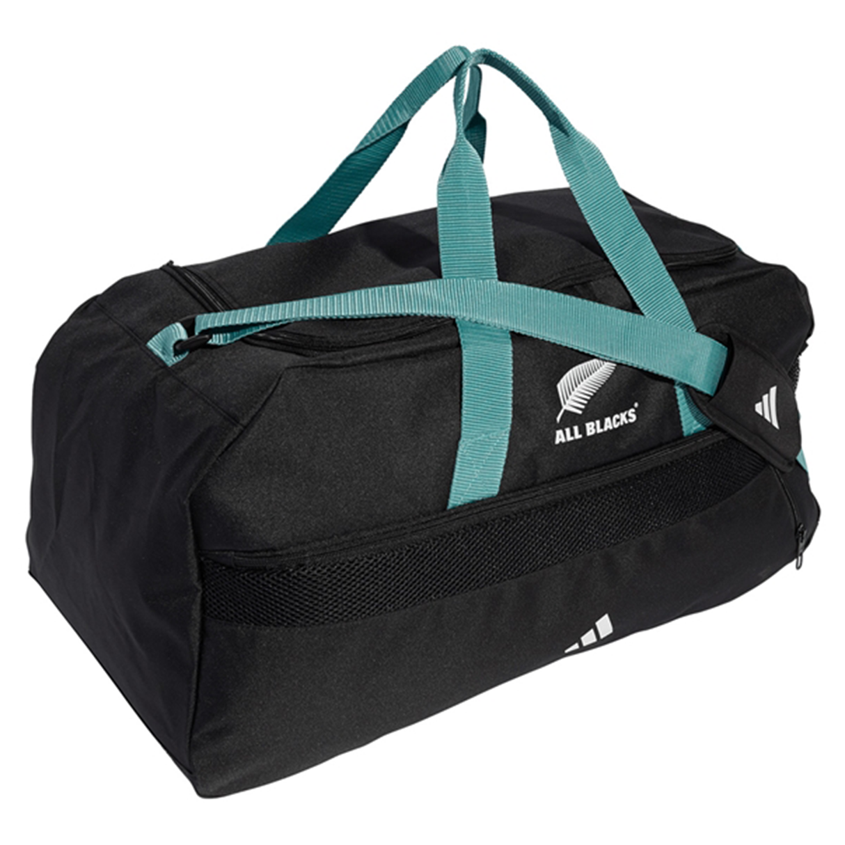 The All Blacks 25/26 Duffle by adidas is a black gym bag with teal handles and a silver fern "All Blacks" logo on the side—ideal for fans and workouts alike.
