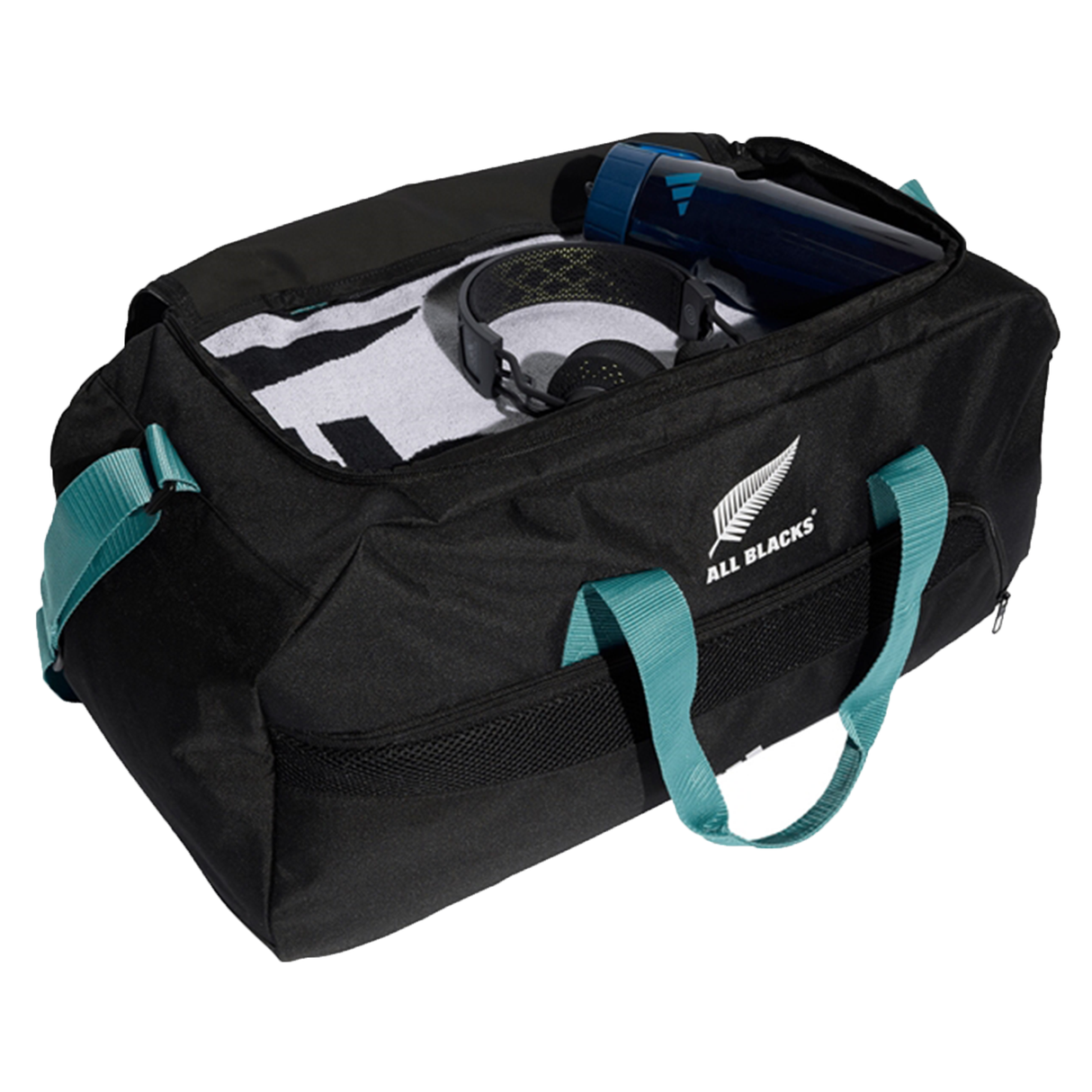 The adidas All Blacks 25/26 Duffle with teal handles is perfect for rugby training and comes packed with a towel, headphones, and a blue water bottle.