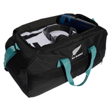 The adidas All Blacks 25/26 Duffle with teal handles is perfect for rugby training and comes packed with a towel, headphones, and a blue water bottle.