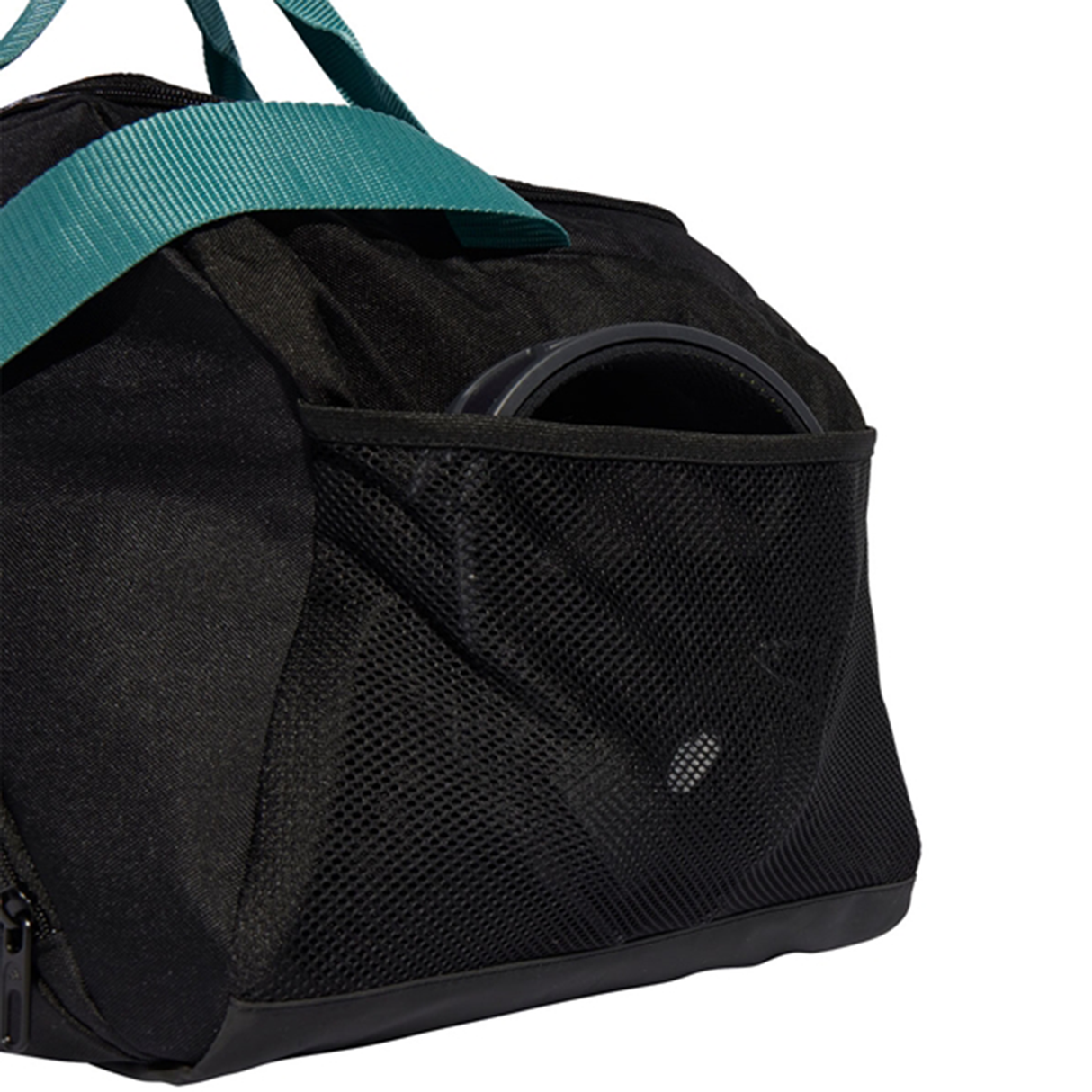 The adidas All Blacks 25/26 Duffle features a black design with teal handles, mesh side pocket, and comes with a gray water bottle—ideal for rugby training sessions.