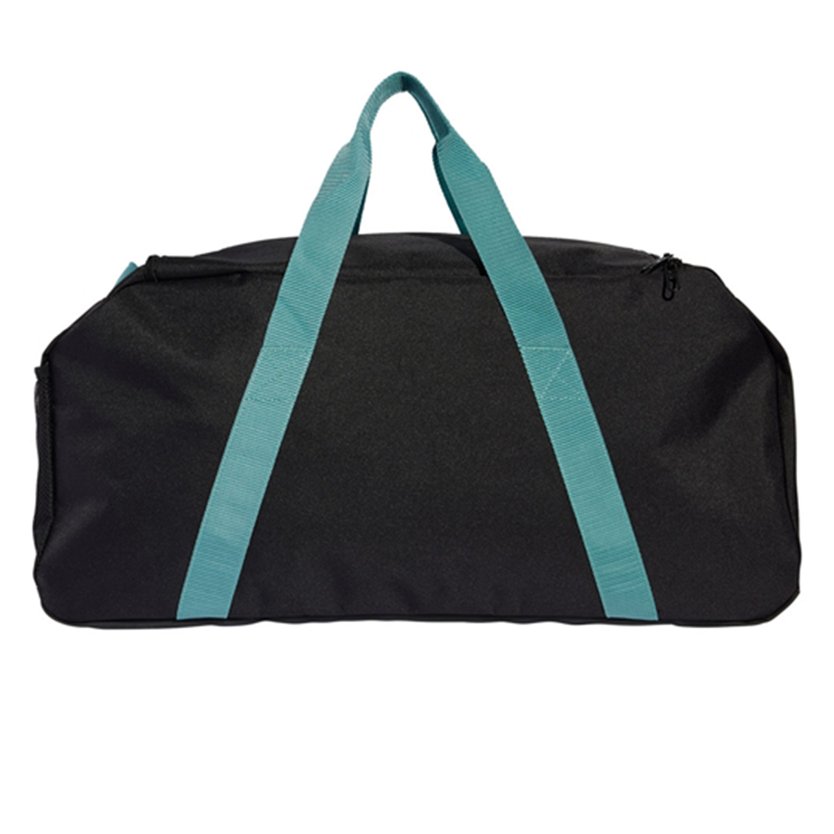 The adidas All Blacks 25/26 Duffle, featuring a black design with teal handles and straps, is shown against a white background.