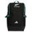The All Blacks 25/26 Backpack by adidas features teal straps, “ALL BLACKS” text, a silver fern logo on top, and the adidas logo at the bottom—perfect for rugby fans and everyday use.