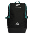 The All Blacks 25/26 Backpack by adidas features teal straps, “ALL BLACKS” text, a silver fern logo on top, and the adidas logo at the bottom—perfect for rugby fans and everyday use.