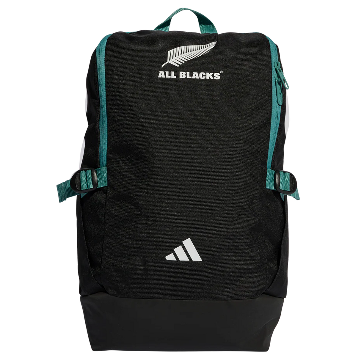 The All Blacks 25/26 Backpack by adidas features teal straps, “ALL BLACKS” text, a silver fern logo on top, and the adidas logo at the bottom—perfect for rugby fans and everyday use.