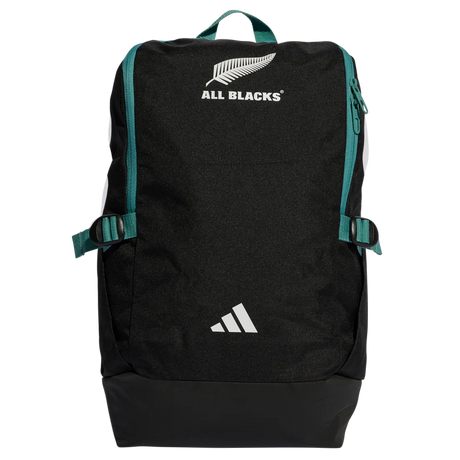 The All Blacks 25/26 Backpack by adidas features teal straps, “ALL BLACKS” text, a silver fern logo on top, and the adidas logo at the bottom—perfect for rugby fans and everyday use.