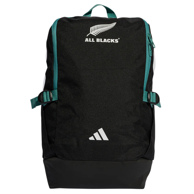 The All Blacks 25/26 Backpack by adidas features teal straps, “ALL BLACKS” text, a silver fern logo on top, and the adidas logo at the bottom—perfect for rugby fans and everyday use.