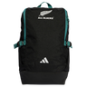 The All Blacks 25/26 Backpack by adidas features teal straps, “ALL BLACKS” text, a silver fern logo on top, and the adidas logo at the bottom—perfect for rugby fans and everyday use.