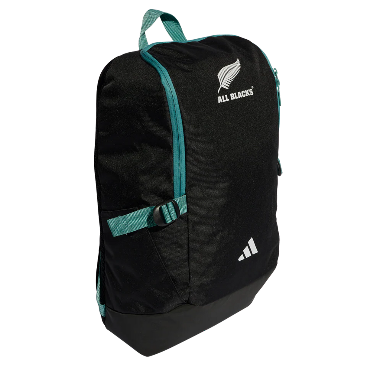 The All Blacks 25/26 Backpack by adidas features teal accents, adjustable straps, a zippered main compartment, and bold adidas and All Blacks logos on the front. Ideal for rugby fans seeking style and function.