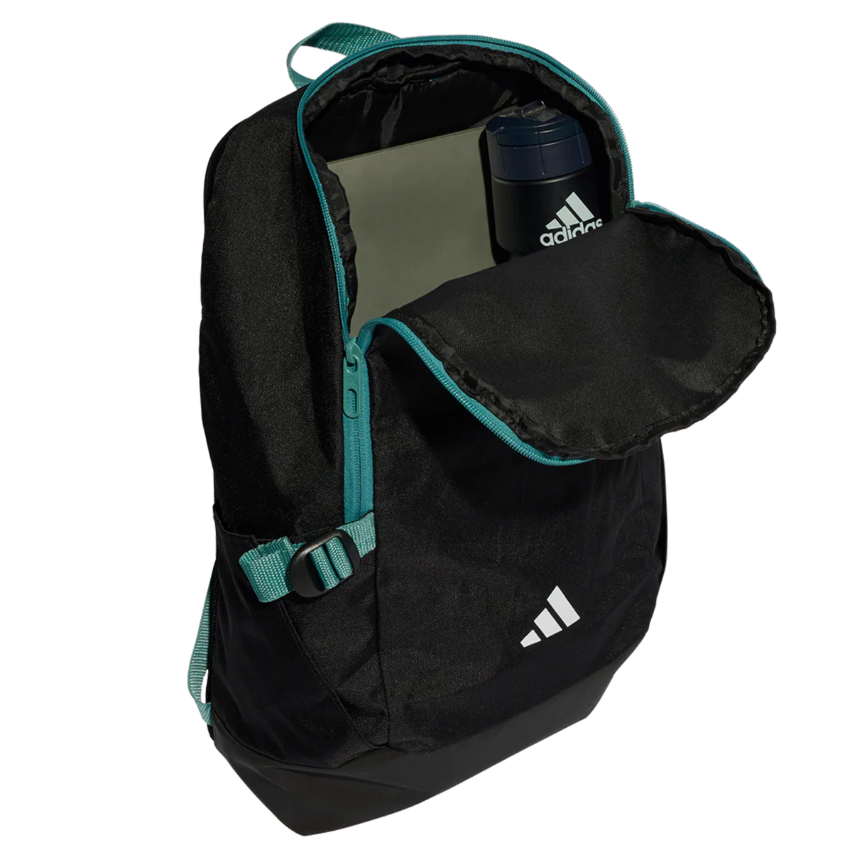 The All Blacks 25/26 Backpack by adidas is open to reveal a laptop and blue adidas water bottle inside, making it the ideal rugby backpack for school or training.