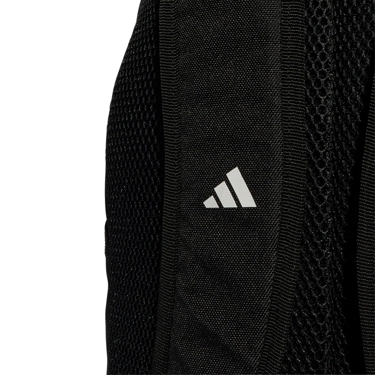 Close-up of black mesh fabric with a small white adidas logo on the right side, featured on the All Blacks 25/26 Backpack by adidas.