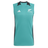 The All Blacks 25/26 Training Singlet by adidas is a sleeveless teal top with black side panels, featuring adidas and All Blacks logos on the chest—ideal for rugby training.