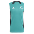 The All Blacks 25/26 Training Singlet by adidas is a sleeveless teal top with black side panels, featuring adidas and All Blacks logos on the chest—ideal for rugby training.