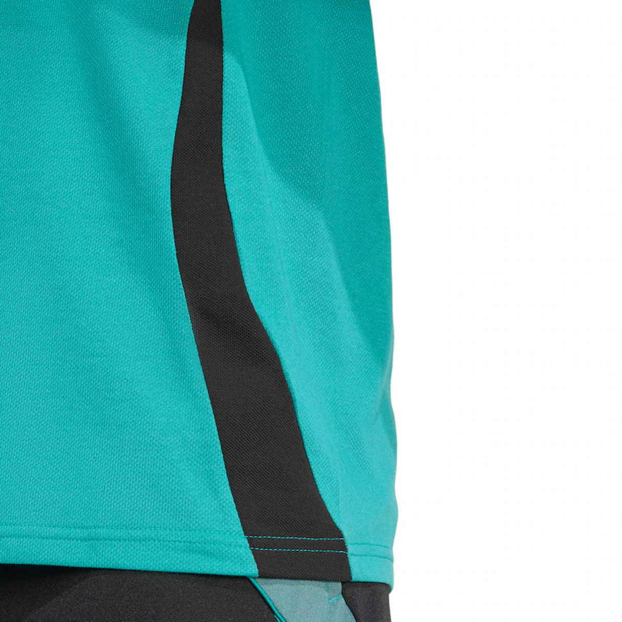 Close-up of the adidas All Blacks 25/26 Training Polo in teal, featuring a black vertical stripe, shown from the side near the waist and hip.