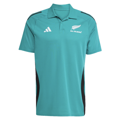 The All Blacks 25/26 Training Polo by adidas is a teal, short-sleeve collared shirt with black side panels, featuring the adidas logo, "ALL BLACKS" text, and a silver fern—ideal for fans wanting a stylish All Blacks polo.