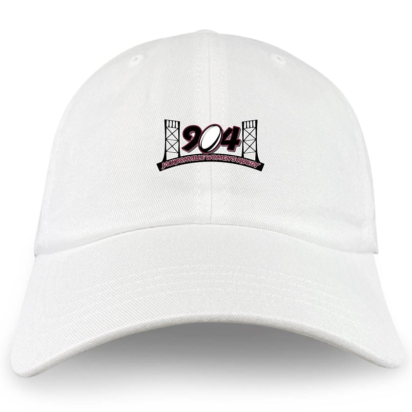 The Jacksonville Women's Rugby Adult Low-Profile Cotton Twill Dad Cap by EMB S&S Activewear is a white cap featuring a "904" graphic with bridge towers, embroidered team branding, and a website URL under the numbers on the front.