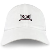 The Jacksonville Women's Rugby Adult Low-Profile Cotton Twill Dad Cap by EMB S&S Activewear is a white cap featuring a "904" graphic with bridge towers, embroidered team branding, and a website URL under the numbers on the front.